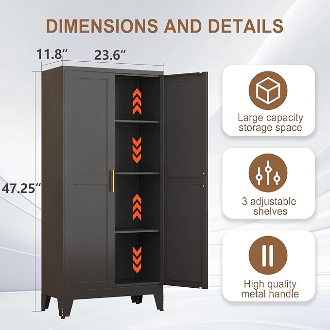 Metal Kitchen Pantry Storage Cabinet with 2 Doors and 3 Adjustable Shelves,Pantry Cabinet with Adjustable Leveling Foot for Kitchen, Living Room, Dining Room（Black）-Ruum Studio Home