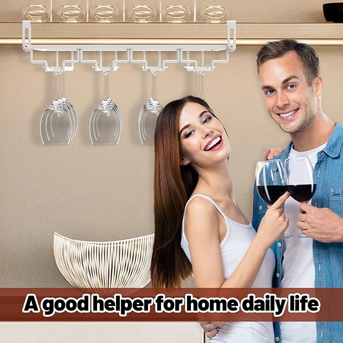 AUHOKY 2Pcs Adjustable Wine Glass Rack Under Cabinet, Punch-Free 4 Rows Stemware Wine Glass Metal Holder, Hanging Wine Glasses Storage Hanger Organizer for Shelf Kitchen Bar Decor(White, 4 Rows)-Ruum Studio Home