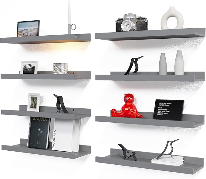 RICHER HOUSE 8 Set Floating Wall Mounted Shelves, Nursery Hanging Book Shelves with Lip for Storage, Gray Display Picture Ledge Shelf for Bedroom Bathroom Kitchen Living Room Wall Decor, Modern Grey-Ruum Studio Home