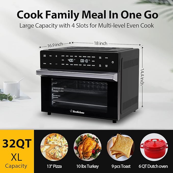 32QT Extra Large Air Fryer, 19-In-1 Air Fryer Toaster Oven Combo with Rotisserie and Dehydrator, Digital Convection Oven Countertop Airfryer Fit 13" Pizza, 6 Accessories, 1800w (Black)-Ruum Studio Home
