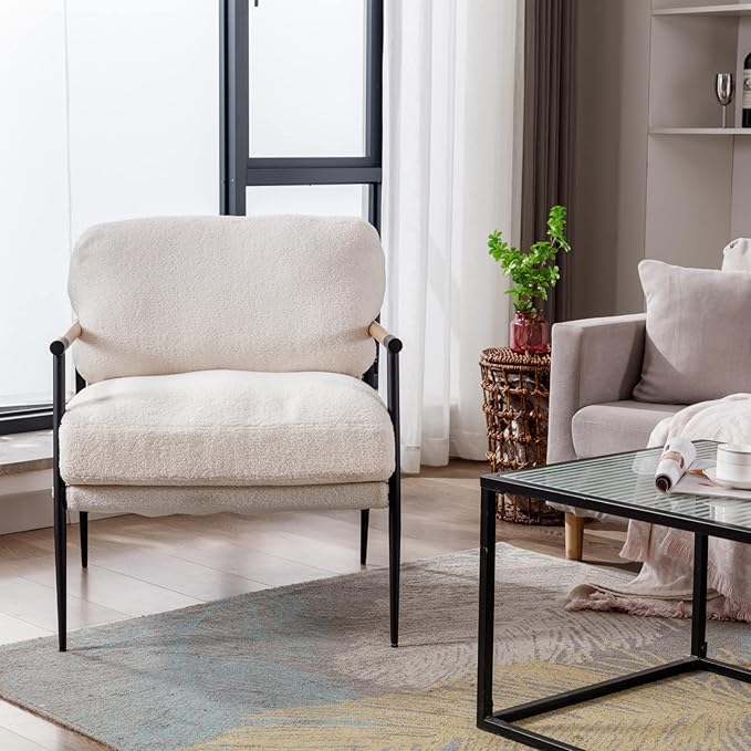 Mid-Century Accent Chair Set of 2, Soft Armchair Sherpa Fabric Lounge Chair with Black Metal Legs, Upholstered Leisure Chair for Living Room Bedroom Reception Room, White-Ruum Studio Home