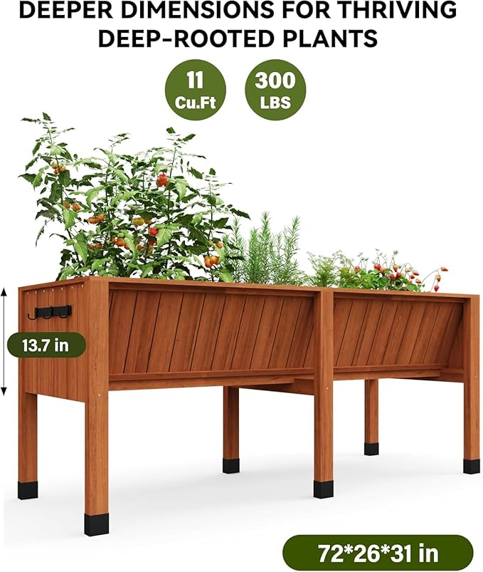 72x26x31 Inch Raised Garden Bed with Legs, 13.7In Depth Wooden Planter Box for Outdoor Growing Vegetables and Herbs, Elevated Garden Bed with Hooks for Backyard, Patio, Balcony-Ruum Studio Home