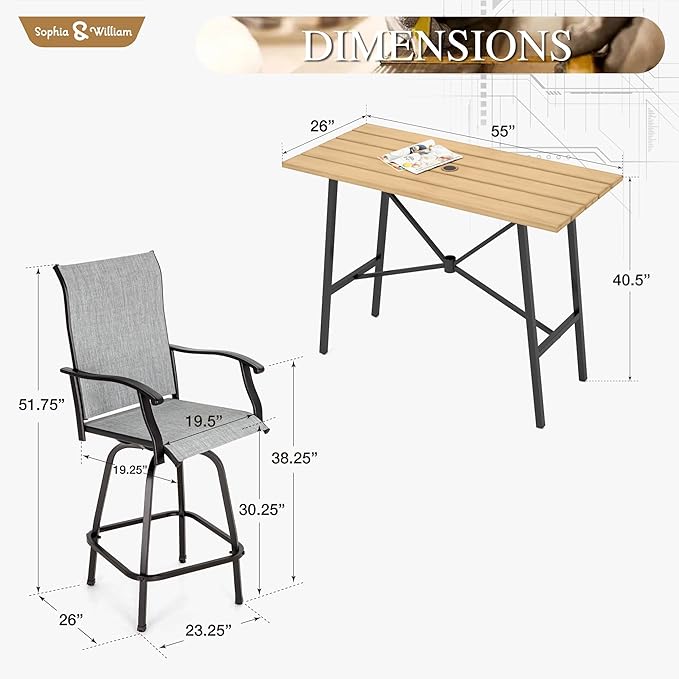 Sophia & William Outdoor Bar Set, Patio Bar Table and Chairs Set, Bar Height Patio Set - 2 x Swivel Bar Chairs(Grey), 1 x Rectangular Bar Table(Wood-Like)-Ruum Studio Home