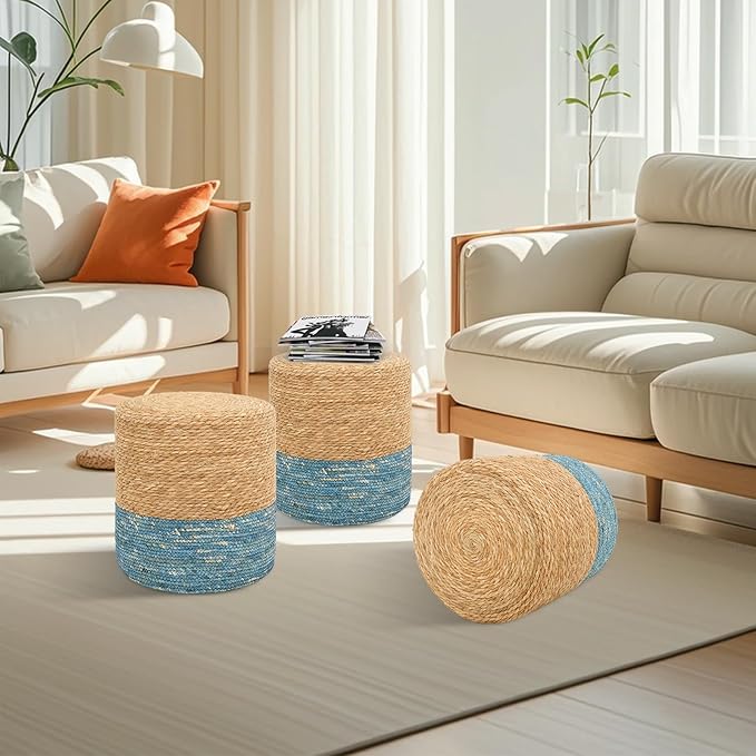 16'' Round Ottoman Natural Seagrass Braided Poof Hand Weaving Round Ottomans Boho Footrest Stool for Home Living Room Bedroom Patio(Natural&Blue)-Ruum Studio Home