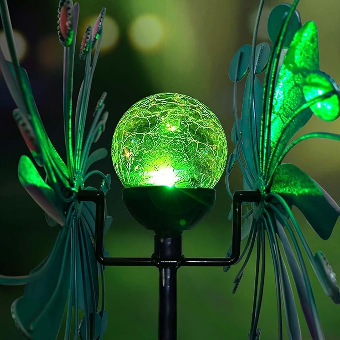360°Solar Wind Spinner with Lights Blue Metal Garden Outdoor Decor Yard Lawn Art Decor for Patio Kinetic Windmills Unique Gifts for Friends and Family 60.63'' H x 13.38'' Dia-Ruum Studio Home