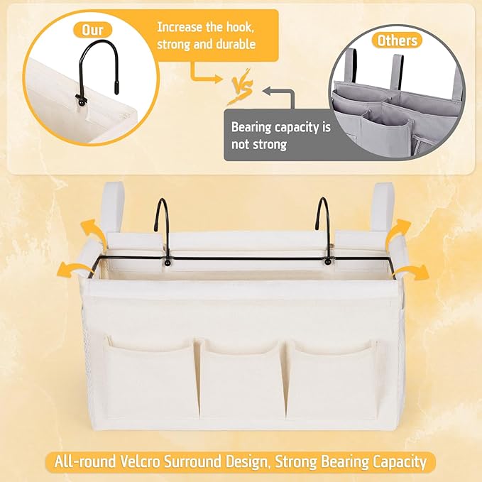 Bedside Caddy Organizer with Fixed Straps and Water Bottle Holder for Home, College Dorm, Hospital, Crib and Bunk Bed (2pcs White)-Ruum Studio Home