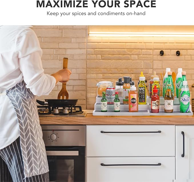 3 Tier Expandable Spice Rack Organizer, White/Grey Plastic Spice Rack, Adjustable Length 14.6In-25.8In, 2 Pack Non-Skid Tiered Spice Shelf Organizer for Kitchen Cabinet, Cupboard, Pantry-Ruum Studio Home