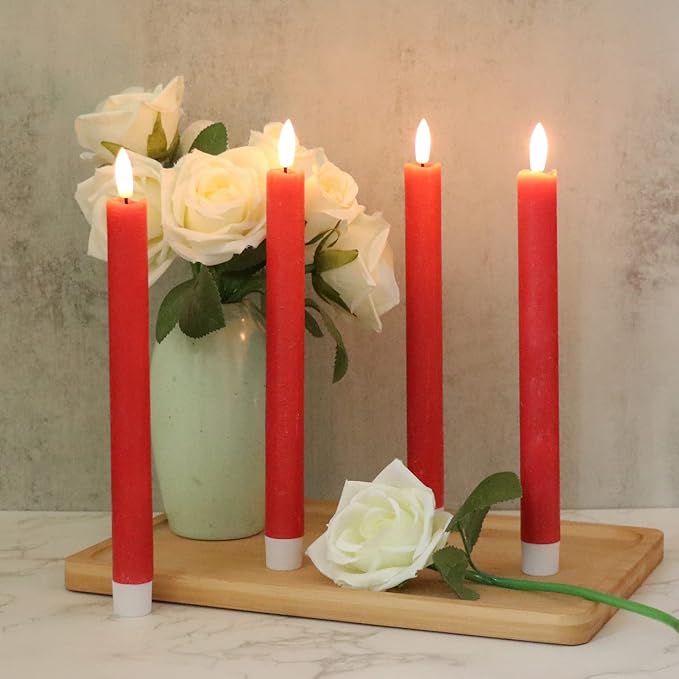 GenSwin Flameless Red Taper Candles Flickering with 10-Key Remote, Battery Operated Led Warm 3D Wick Light Window Candles Real Wax Pack of 6, Christmas Home Wedding Decor(0.78 X 9.64 Inch)-Ruum Studio Home