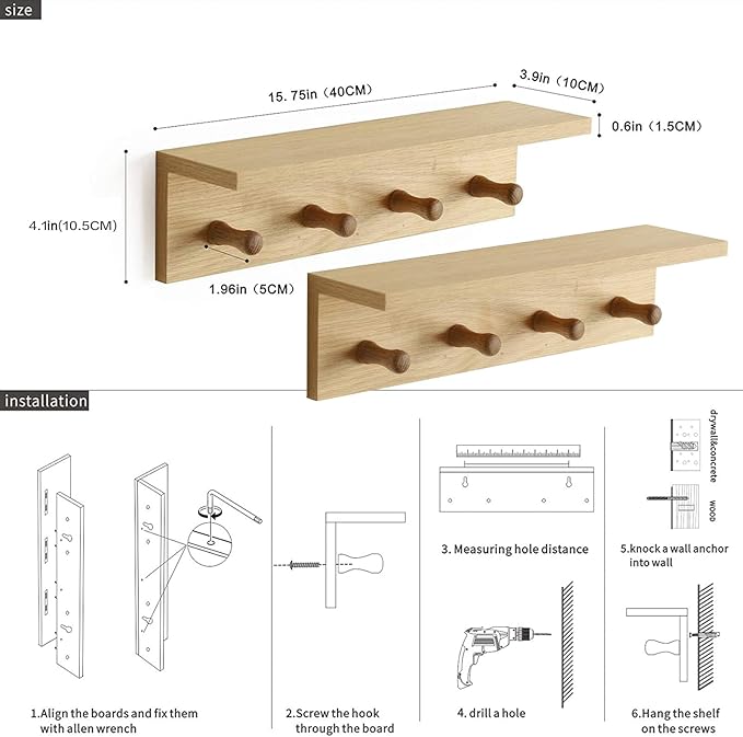 Entrance Coat Rack ，Coat Hooks, Wall-Mounted Wooden Hook Rack, Wall-Mounted Shelves are Very Suitable (Oak Colored Finish-2)-Ruum Studio Home