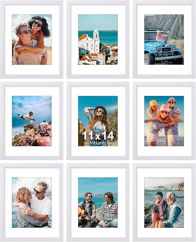 Vittanly 11x14 Picture Frames Set of 9, Shatter Resistant Plexiglass, Display 8x10 Pictures with Mat or 11x14 without Mat, Photo Frames for Wall or Tabletop, Engineered Wood, White-Ruum Studio Home