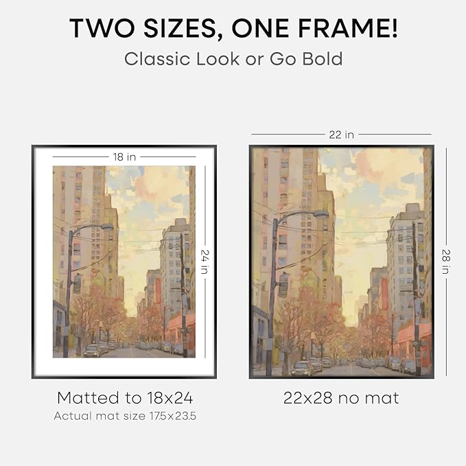 Homeforia 22x28 Poster Frame Black, High End Metal 22 x 28 Large Picture Frames with Mat 18 x 24 for Photo, 22x28 Thin Frame Matted to 18x24 inch Print, 28x22 Frame, Tempered Glass, Wall Kit, Set of 1-Ruum Studio Home