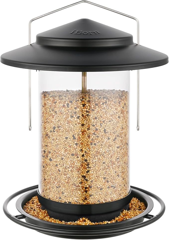 iBorn Metal Bird Feeders for Outdoors Hanging,Wild Bird Feeders for Cardinal,18cm Large Roof&Tray Black 6 Port (Seed is not Included)-Ruum Studio Home