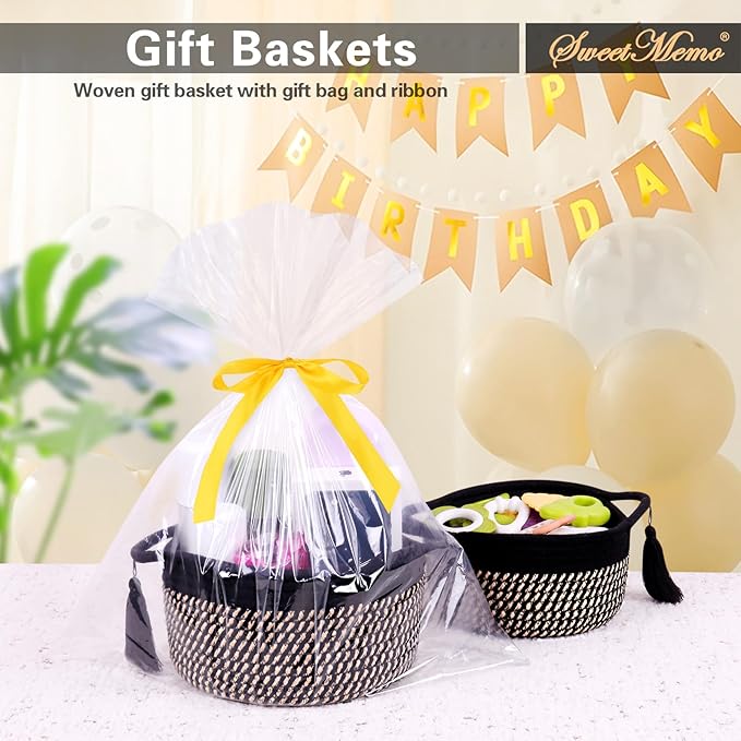 Decorative Small Gift Basket Empty – SweetMemo Cute Woven Rope Organizer Baskets for Desk, Bedside, Bathroom, Key, Round Boho Decor Cotton Bin with tassel, Gift Bag, Ribbon – Rustic Black Brown-Ruum Studio Home