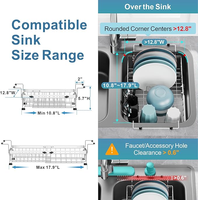 GSlife in Sink Dish Drying Rack - Stainless Steel Capacity Expandable Over The Sink Dish Drainer with Lock Knob and Utensil Holder for Kitchen Sink, 10.8"-17.9" L x 12.8" W, Silver-Ruum Studio Home
