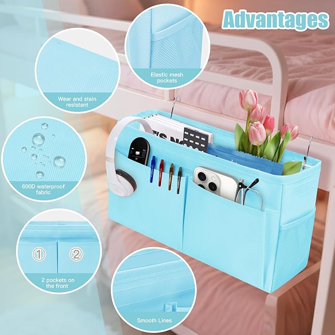 Bedside Caddy Organizer with Fixed Straps, Bunk Bed Caddy ideal for Home, Bunk Bed, Dorm, Hospital, Crib, Versatile Bedside Storage Solution (Blue)-Ruum Studio Home