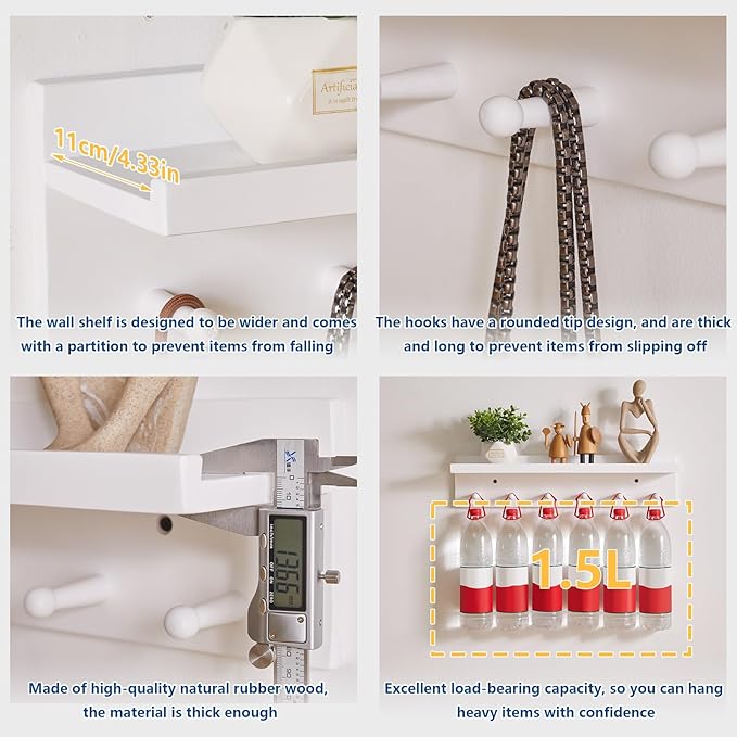 Wood Coat Hook with Wall-Mounted Shelf,23.62in Entryway Wall Hanging Shelf,for Bathroom, Kitchen,Coat Towel Key Organizer White YD-WS0260W-Ruum Studio Home