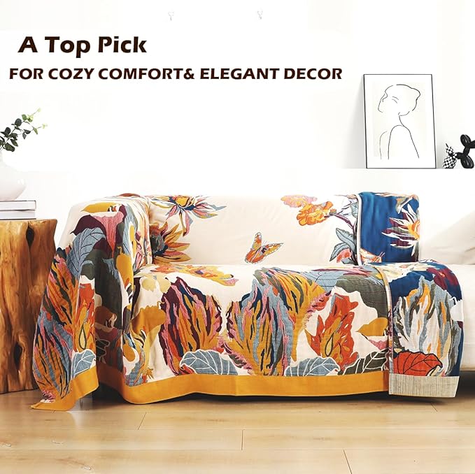 Boho Large Throw Blanket, 100% Organic Cotton Breathable Soft Bed King Throw - Fall Floral Bird Butterfly Farmhouse Decor Blanket for Sofa Couch Chair and Gift. 91" x 98"-Ruum Studio Home