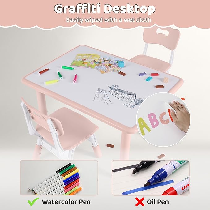 Kids Table and 2 Chairs Set, Height Adjustable (17.7"-26.1") Toddler Table and Chair Set, Multi-Activity Table with Graffiti Desktop, Children’s Table and Chairs for Classroom, Home & Daycare-Ruum Studio Home