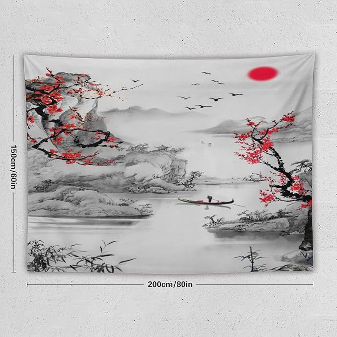 Cherry Blossoms Tapestry,Japanese Red Landscape Watercolor Abstract Art Tapestry,Asian Japanese Wall Tapestry, Nature Landscape Tapestries for Bedroom Living Room Decor 80"x60"-Ruum Studio Home