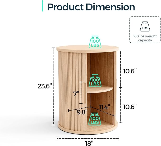 LINSY HOME Round Fluted End Table, Tall Side Table with Sliding Tambour Door and Storage Shelf, Modern Bedside Table, Mid-Century Nightstand for Living Room, Bedroom, Oak-Ruum Studio Home