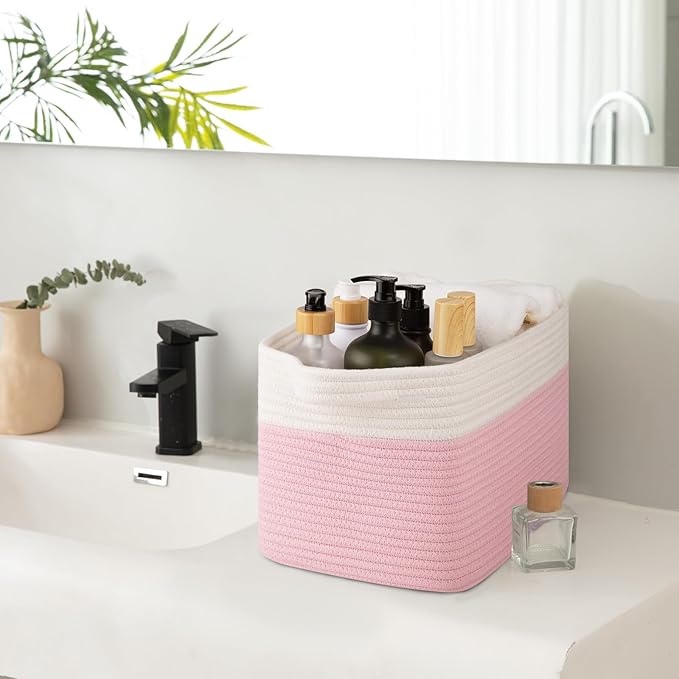OIAHOMY 3 Pack Storage Basket for Organizing, 13''X9.85''X8.7'' Woven Storage Bins with Handles, toy organizers,Stylish Room Decor, Pink & white-Ruum Studio Home