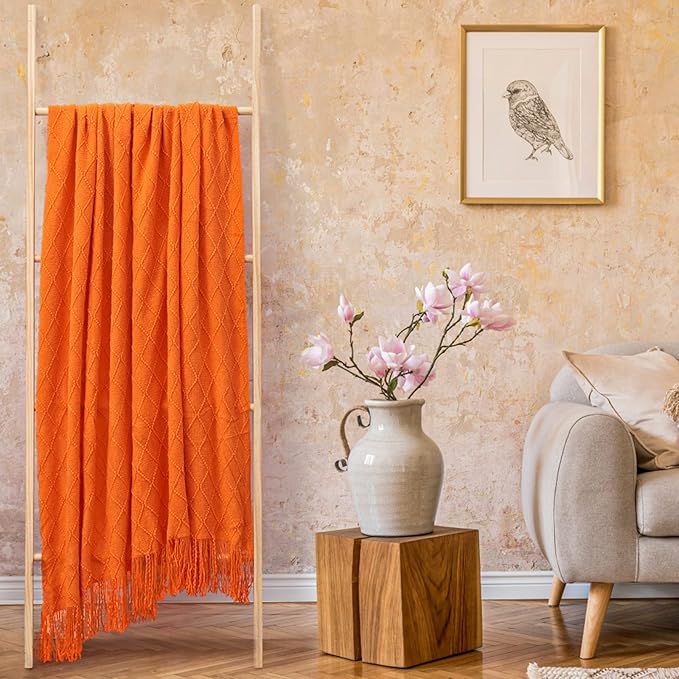 inhand Fall Throw Blanket Burnt Orange for Couch, Soft Living Room Home Decor Knitted Twin Size Blanket, Outdoor Lightweight Breathable Summer Blanket, Farmhouse Warm Woven Decorative, 60"x80"-Ruum Studio Home