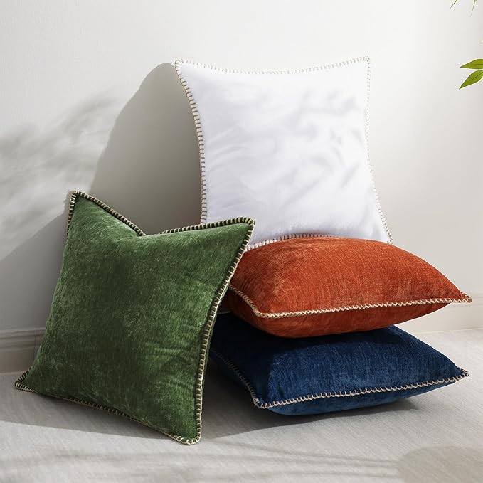 decorUhome Chenille Soft Throw Pillow Covers 16x16 Set of 2, Farmhouse Velvet Neutral Decorative Euro Pillow Covers with Stitched Edge for Couch Sofa Bed Home Decor, White-Ruum Studio Home