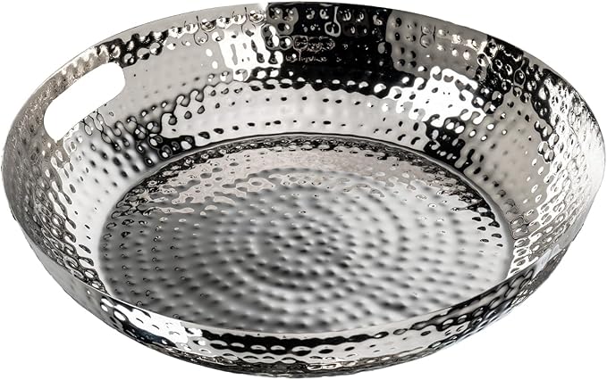 MyGift 14 Inch Deluxe Decorative Dish Tray Centerpiece Base, Silver Tone Plated Hammered Aluminum Fruit Bowl Serving Platter with Cutout Handles - Handcrafted in India-Ruum Studio Home