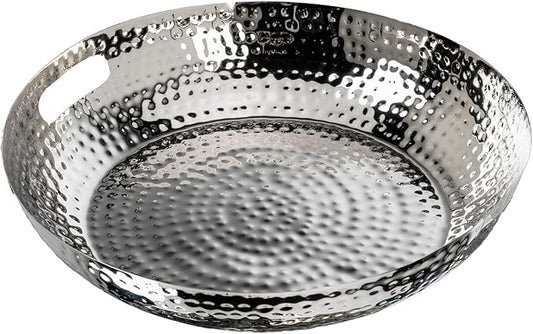 MyGift 14 Inch Deluxe Decorative Dish Tray Centerpiece Base, Silver Tone Plated Hammered Aluminum Fruit Bowl Serving Platter with Cutout Handles - Handcrafted in India-Ruum Studio Home