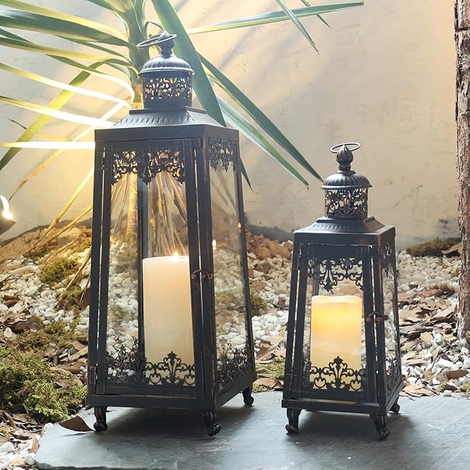 NEEDOMO Lanterns Decorative Outdoor & Indoor, Set of 2 Outdoor Lanterns for Porch,Large Candle Lantern, Bronze Metal Frame with Glass for Fall, Christmas-Ruum Studio Home