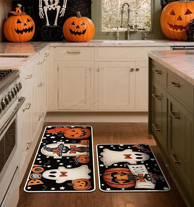 Halloween Kitchen Mat Set of 2, Pumpkin Ghosts Boo Cat Halloween Decor, Halloween Rug for Floor, Indoor Home Decor with Non-Slip Backing,17 x 29 Inch & 17 x 47 Inch-Ruum Studio Home