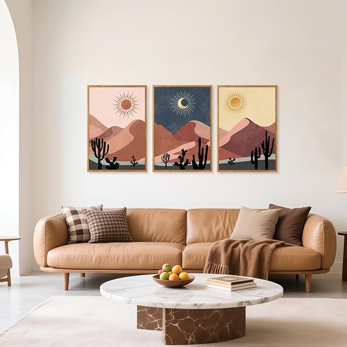 HPNIUB Boho Desert Framed Canvas Wall Art Set, Abstract Sun Moon Art Prints, Modern Cactus Paintings Artwork, Mid Century Southwestern Landscape Wall Decor for Living Room, Bedroom, Office-16 x24 x3-Ruum Studio Home