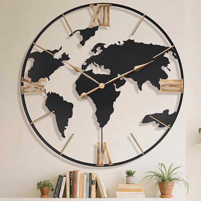 36 Inch Oversized Giant Extra Large Modern Decorative Metal World Map Wall Clock,Big Vintage Gold Roman Numeral Wall Clocks for Living Room,Entryway,Office,Fireplace,Dining Room-Ruum Studio Home
