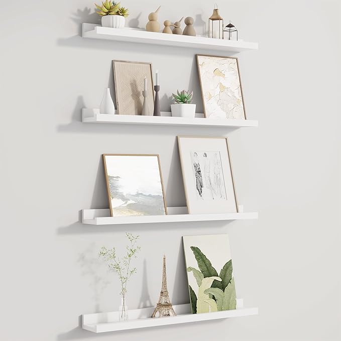 Picture Ledge Shelf for Wall, Floating Shelves Set of 4, 24 Inch Long Nursery Book Shelves for Toys Storage, Kids Bookshelf Wall Mounted for Books Photo Frames, White-Ruum Studio Home