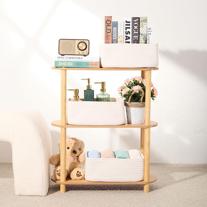 Small Storage Baskets for Organizing | Closet Organizer Bins | Shelf Toy Basket | Woven Rope Baskets | Cube Decorative Box | Shallow Basket | 13x8.5x5.1” | 4 Packs Off White-Ruum Studio Home