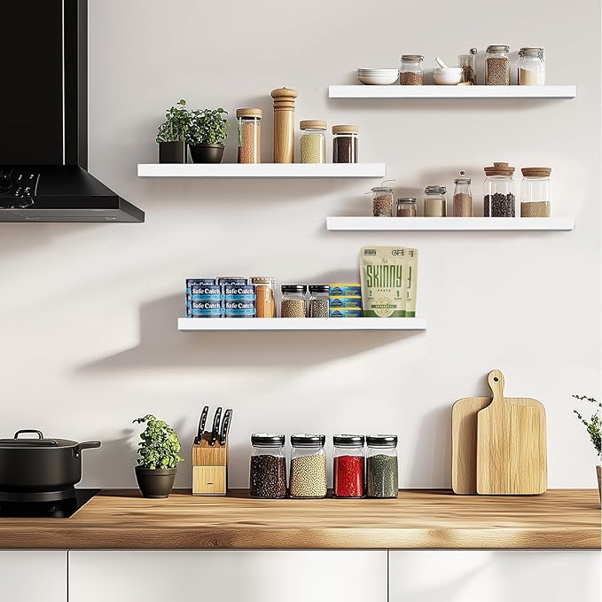 Floating Wall Shelves 4-Pack - Rustic White 16-inch Wooden Wall Shelves for Storage and Décor, Multi-Functional and Easy to Install for Living Room, Bedroom, and Kitchen-Ruum Studio Home