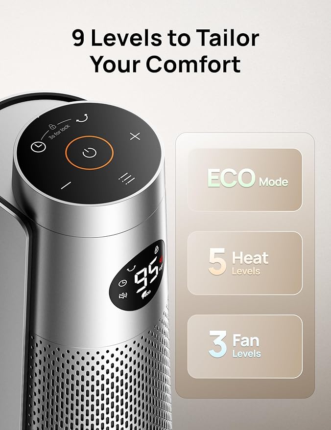 Dreo Space Heater Indoor, 30" Electric Heaters with Remote, 120° Oscillation, Adjustable Thermostat, 5 Heat & 3 Fan levels, 8 Safety Protections, 25dB Quiet, 1-12H Timer, Large Room Bedroom, Silver-Ruum Studio Home
