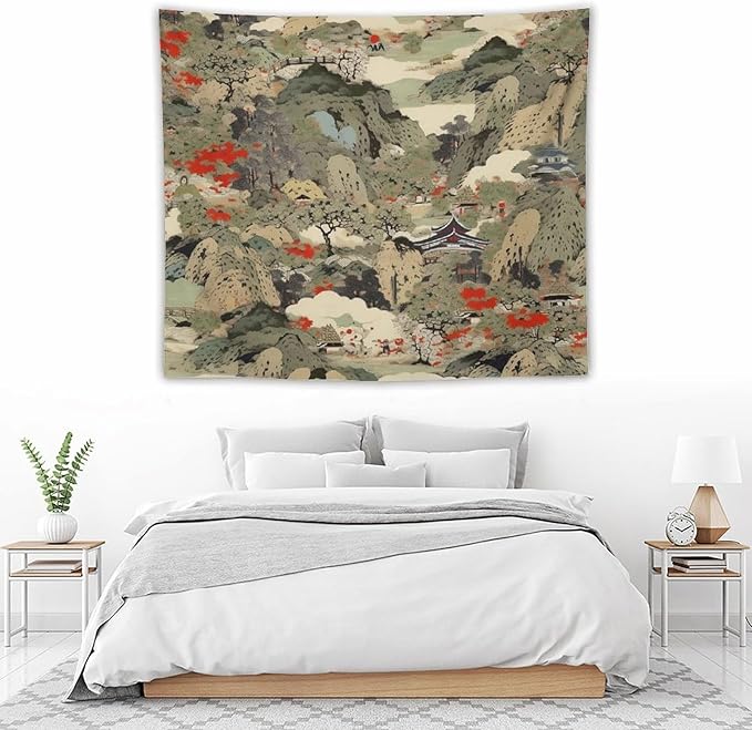 Asian Tapestry,Japanese Red Landscape Asian Watercolor Abstract Art Tapestry, Asian Japanese Wall Tapestry, Nature Landscape Tapestries for Bedroom Living Room Decor 60"x50"-Ruum Studio Home