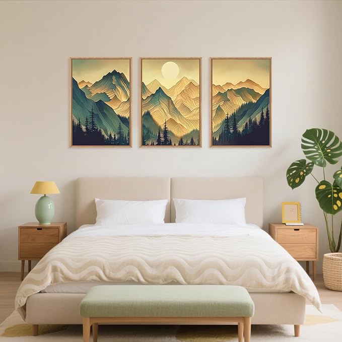 Celestdeco Mountains Forests Framed Canvas Wall Art Set, Abstract Sun Woodland Painting, Boho Scenery Sun Wall Decor, Natural Woodgrain Art Print for Living Room, Bedroom, Dining Room, Office - 16"x24"x3-Ruum Studio Home
