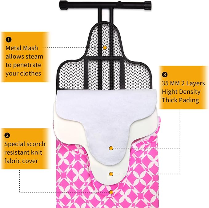 Extra Large Ironing Board with Hang Rail and Iron Rest 63" L x 20" W (Large with Iron Rest (Pink Cover))-Ruum Studio Home