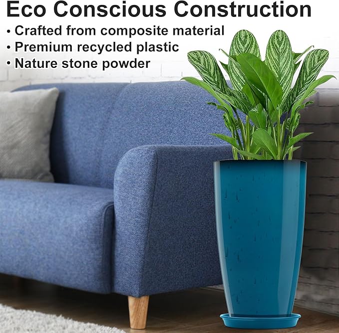 Tall Flower Pot Indoor - Outdoor Plant Pot - Turquoise Glossy Planter - Elegant Stone Imitation - 12" Diameter 21" Tall with Drainage Holes and Saucer-Ruum Studio Home