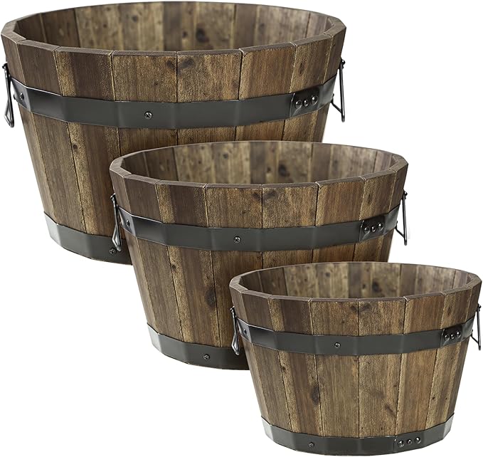IDZO Set of 3 Wooden Flower Planters for Outdoor Plants, Acacia Wood Barrel Planters, Ergonomic Handles, Drainage Holes, Various Sizes, Walnut-Ruum Studio Home