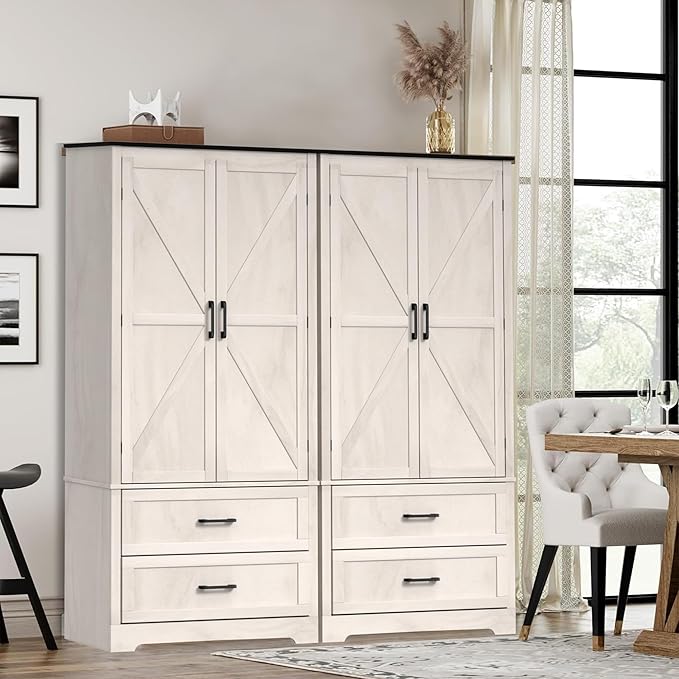 71" Kitchen Pantry Storage Cabinet, Barn Doors Tall Storage Pantry Cabinet with Drawers & Adjustable Shelf, Modern Farmhouse Cupboard Wood Pantry for Kitchen, Living Room, Dining Room, Oak Beige-Ruum Studio Home