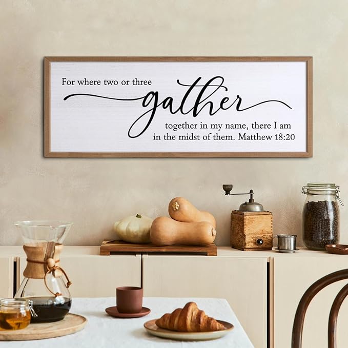 For Where Two Or Three Gather Sign Dining Room kitchen Wall Decor Bible Verse Scripture Matthew 18:20 Wooden Frame 32X12 Inch for Christian Family Hanging Art (Wood)-Ruum Studio Home
