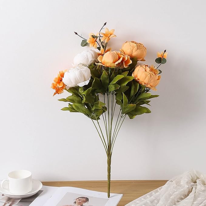 Duovlo Artificial Peony Silk Flowers Fake Flowers Vintage Wedding Home Decoration,Pack of 1 (New Orange)-Ruum Studio Home