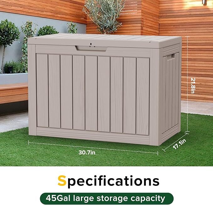 46 Gallon Outdoor Deck Box,Storage Lockable Waterproof Patio Furniture,Garden Tools,Cushions,Pool Accessories Outside Storage Resin Box(Light Brown)-Ruum Studio Home
