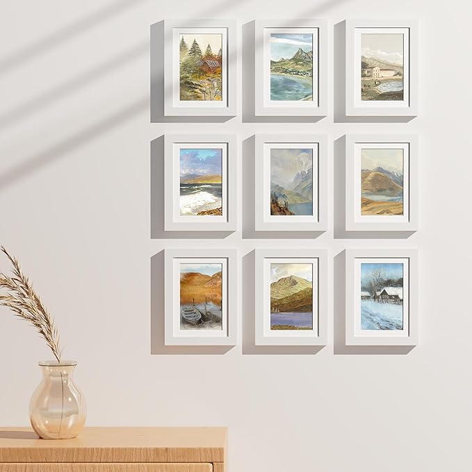 Vittanly 5x7 Picture Frames Set of 9, Shatter Resistant Plexiglass, Display 4x6 Pictures with Mat or 5x7 without Mat, Photo Frames for Wall or Tabletop, Engineered Wood, White-Ruum Studio Home