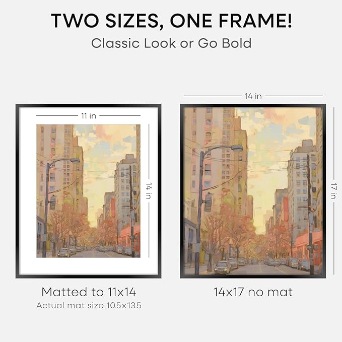 Homeforia 14x17 Picture Frame Black, High End Metal 14 x 17 Poster Frames with Mat 11 x 14 for Photo, 14x17 Black Frame Matted to 11x14 inch Print, 17x14 Thin Frame, Tempered Glass, Wall Kit, Set of 1-Ruum Studio Home