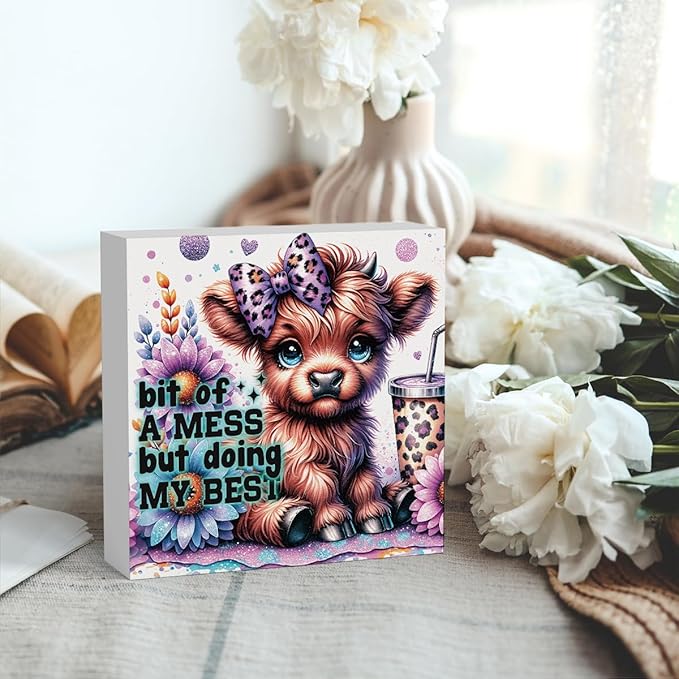 Highland Cow Baby Decor, Highland Cow Sunflower Decor, Highland Cow Gifts for women, Highland Cow Nursery Decor, Wooden Box Decor Sign for Home Farmhouse Office Living Room Table Shelf Tiered-Ruum Studio Home