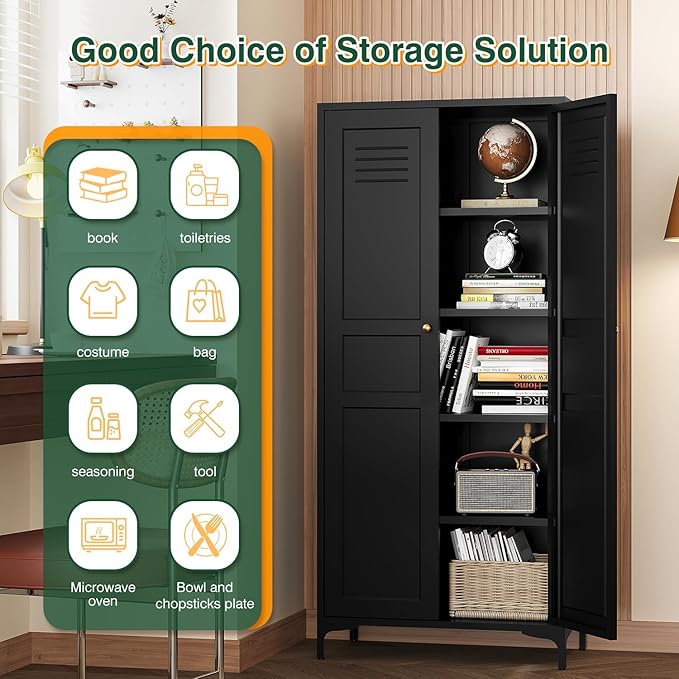 Letaya Black Storage Cabinet with Feets-Metal Home Kitchen Pantry Cabinets with Doors and Adjustable Shelves,Organization Locker for Cupboard/Bedroom/Dining/Living/Bathroom/Office/Garage Room (Black)-Ruum Studio Home